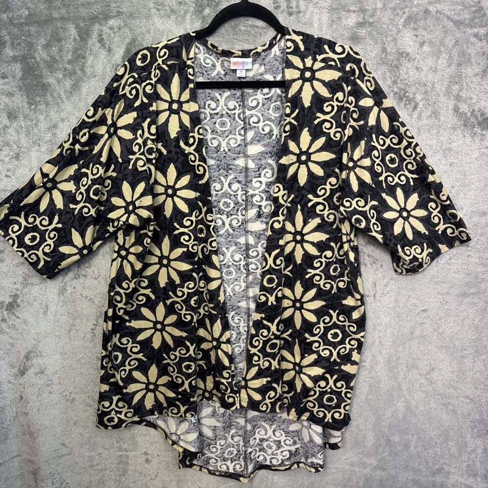 lularoe kimono medium black beige floral open front soft half sleeve